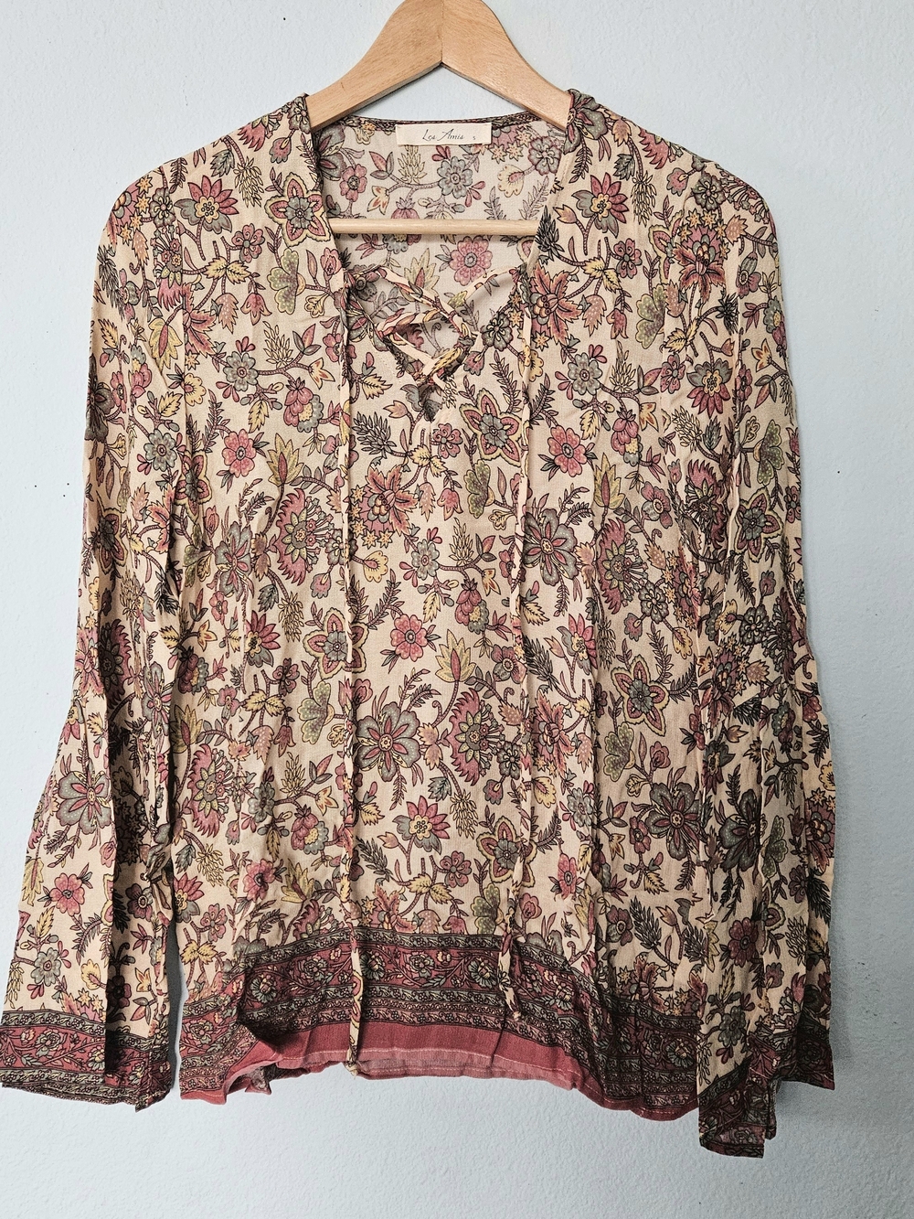 Boho Floral Lace-Up Peasant Blouse - Cream with Pink & Green